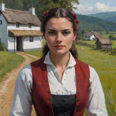 Oil painting, fullbody, full-length portrait, outdoor, woman in the center of the painting standing half sideways, summer, day. She is dressed in a white shirt with red patterns, a red waistcoat, a black shirt below the knee with a burgundy apron in front. Dark shoes on his feet, and a white necklace around his neck, hands akimbo. On the face is a slight smile, and on the head is a black ochipok with a [[red]] stripe. A wooden fence is visible in the left part of the image. Behind the woman is a green meadow. In the far background, two whitewashed houses with thatched roofs can be seen, behind which the forest stretches.