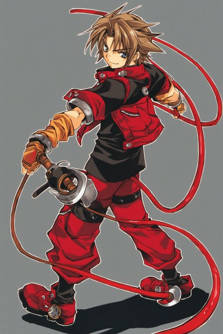 Coud Van Giruet,solo,1boy,male focus,gloves,brown hair,holding,hook,cord,whip,fingerless gloves,jacket,smile,pants,<lora:Azuma Mayumi_XL:0.8>,