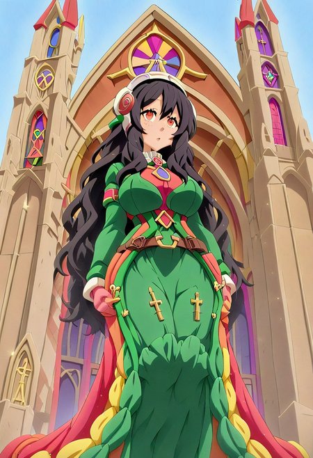 (novuschroma51 style:3.9), clay dress, cyborg, red gloves, Realism_Quality_2xx_By_Stable_Yogi, (cathedral:2), outdoors, standing, 1woman, solo, rearview, long hair,  one eye covered by hair, eyeliner, gorgeous lips, covered breasts, cinematic, (masterpiece), (best quality), (ultra-detailed), very aesthetic, detailed eyes, perfect eyes, freckles, aloof, wide dress, long dress, key visual, small waist, fitness body, wide hips, oval face, 32 years old, covered body, top hourglass figure, censored, beautiful high-neck top, fully dressed, Instagram_Influencer_33_By_Stable_Yogi, J1ll V4l3nt1n3, mad-hvybdyarmr, helmet, visor, add-detail-xl, future, city.