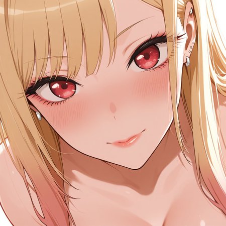 Score 9, Score 8, Score 7, Masterpiece, Superior Quality, Amazing Quality, Masterpiece, Maximum Quality, Ultra-detailed, Dynamic Angle, Dynamic Composition, Alone, White Frame, Maximum Contrast, Saturated Color, Bright Colors, Dynamic Lighting, solo, 20 years old, female body, 1 girl, Medium Shot,close up,
p0rtr4it4NDbu5t, (medium close-up shot), portrait, focus on face, bust, (chest and face),  defined eyebrows, mascara, beautiful lips, blushing, perfect face, cleavage,
marin kitagawa, long hair, bangs, blonde hair, red eyes, multicolored hair,