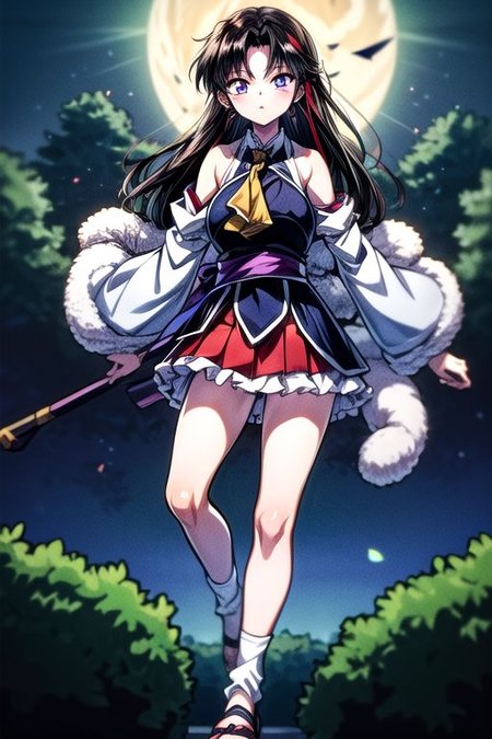 masterpiece,  best quality 1girl Setsun4 solo long hair,  (night time) forest background black hair very long hair purple eyes multicolored hair armor (fur trim) (medium body),<lora:EMS-179-EMS:0.800000>,<lora:EMS-293862-EMS:0.800000>ascot, bare shoulders, black footwear, detached sleeves, embellished costume, frills, japanese clothes, nontraditional miko, red skirt, sandals, sarashi, skirt, socks, white sleeves, white socks, wide sleeves, yellow ascot, zouri, armor, miko
