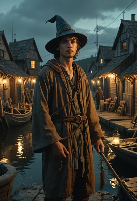 once upon a time in a small fishing village lived a young man who dreamed to become the greatest wizard of all times, hyper realistic, ultra detailed, low light, 8k UHD