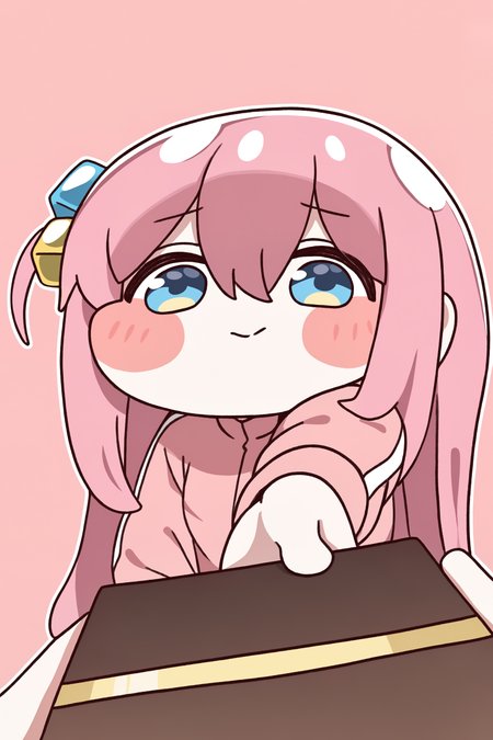 (trickcalcg, trickcal, chibi, chibi only:1.3), blush, blush stickers, 
bocchi the rock!, gotoh hitori, 1girl, cube hair ornament, dot nose, hair between eyes, hair ornament, jacket, long hair, long sleeves, one side up, pink hair, pink jacket, solo, track jacket, simple background, pink background, looking to the side, closed mouth, blush, embarrassed, (upper body), valentine, happy valentine, box of chocolates, incoming gift, from above, close-up, 
(masterpiece, best quality, absurdres, highres, newest, very awa:1.2), 