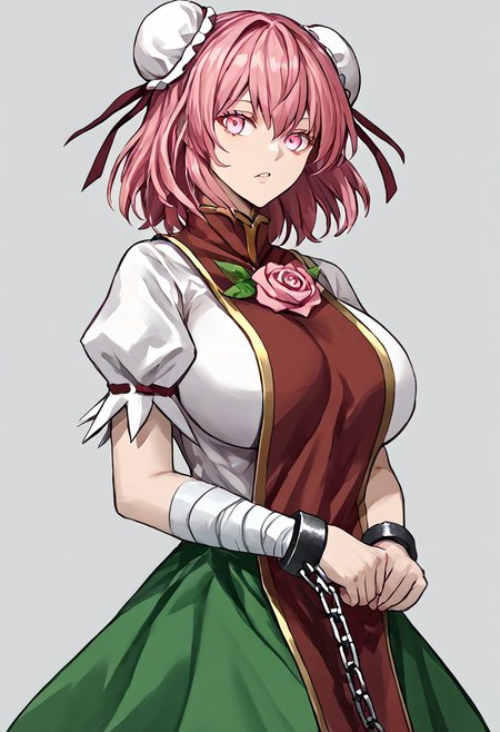 score_9, score_8_up, score_7_up, score_6_up, score_5_up, score_4_up, source_anime, solo, 1girl, 
thkasen, jewelry_pink_eyes, glossy_eyes, pink_short_hair, two_white_chignons_on_the_head, red_tabard, pink_rose, green_skirt, short_hair, huge_breasts, pink_eyes, pink_hair, cuffs, tabard, shackles, double_bun, hair_bun, flower_tabard, bandages_arm, ribbon, short_sleeves, puffy_sleeves, chinese_clothes, chain, shirt, 
masterpiece, best quality, very aesthetic, absurdres,