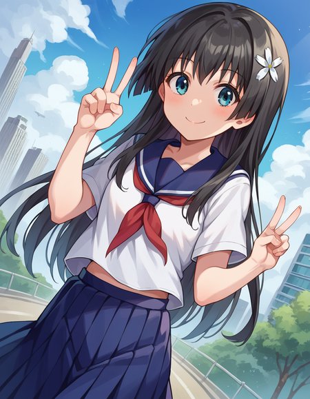score_9, score_8_up, score_7_up, source_anime,
satenruiko, <lora:saten-ruiko-ponyxl-lora-nochekaiser:1>,
saten ruiko, black hair, blue eyes, long hair, hair ornament, flower ornament, smile,
blue skirt, pleated skirt, sakugawa school uniform, school uniform, serafuku, skirt, summer uniform,
outdoors, cityscape, peace sign,
looking at viewer, cowboy shot, dutch angle,