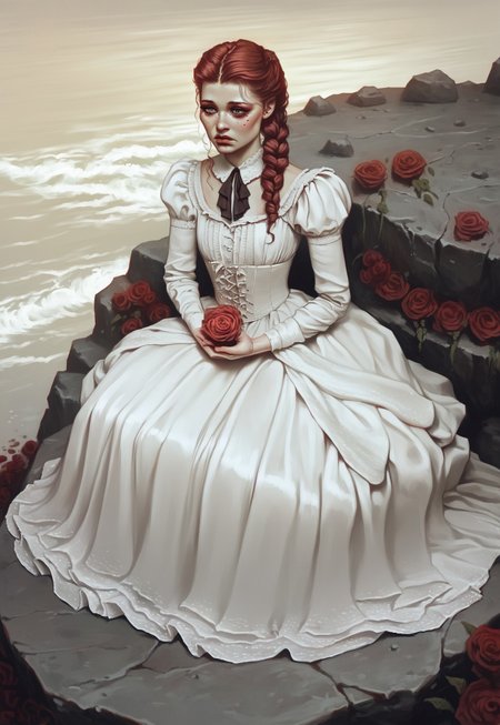 score_9, score_8_up, score_7_up, rating_safe, high quality, 
 highly detailed, intricate, intricate details, 
highly detailed face, girl, (solo:1.3), adult woman, 35 years old, adult, 
Victorian dress, laced boots, sitting on a large rock, sad face, looking longingly to the distance, (holding a red rose),
detailed background, dark ground, high cliffs, rocky terrain, dynamic angle, close up, looking out over the sea at sunset,