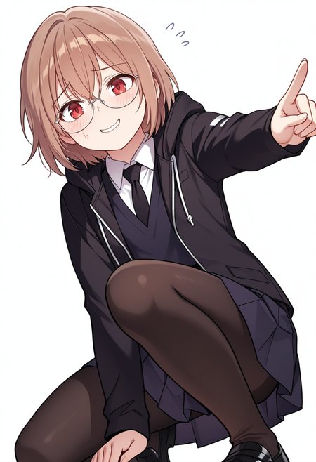 Smooth Quality,masterpiece,very intricate, high quality details, ultra realistic, high detailed skin,detailed enviorement,absurdres,
nervous, nervous smile, pointing forward,
 <lora:Young-Joo_CNR:0.8> young_joo_cnr, 1girl, brown hair, short hair, red eyes, glasses, young_juniform_cnr, school uniform, black jacket, white shirt, collared shirt, black necktie,hoodie, pleated skirt,black pantyhose, black footwear,, simple background, white background, from below,solo,