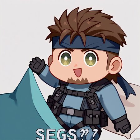 score_9, score_8_up, score_7_up, source_anime, Seggs, chibi, open mouth, smile, english text, <lora:Seggs_XLPD:1.1>, <lora:solidsnake-pdxl-nvwls-v1:0.8> solidsnake, brown hair, beard, facial hair, headband, blue bodysuit, gloves, harness, belt pouch, mature male