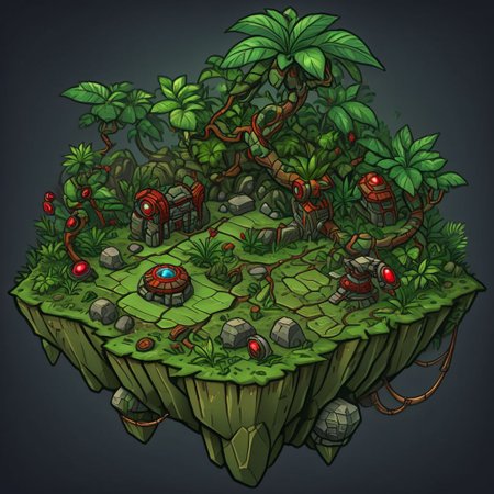 1 island, green to lime color,  jungle, many leafs,  lakes, swamp, (rocky stone ruins:0.8), overgrown wide, plain darkgray to gray background, mecha rusty parts, (((thick outlines:2.2))), (magic gemstone glowing red:1.2)