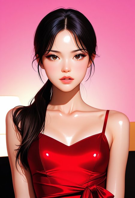 (best quality), (artwork), (masterpiece), (extremely detailed 8k CG unity wallpaper), (cinematic lighting), (indirect linear lighting), a pretty girl 
(Kim Jennie) from BlackPink, (Asian), (skinny, beautiful body), (long black hair, pretty eyes, full lips, weak foundation cheeks, wearing a pretty slinky red dress in your sculptural and beautiful body, slim and model
korean girl, beautifull face, Jennie, asian 
Young woman with a delicate face, fair and smooth skin, large almond-shaped dark brown eyes with long defined eyelashes, thin and arched eyebrows, small straight nose, full lips with a natural pink tone. Long, straight jet-black hair with a perfectly defined middle part, loose strands falling on the sides of the face, shiny and healthy hair, partially tied back in a low ponytail. 
Neutral background, soft lighting that highlights facial features
