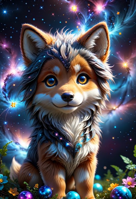 (((videogame_style))), (sharp focus:1.2), lineart, flat color, monochrome, greyscale, depth of field, bokeh, 8k, OLED, 1 baby wulf, being playful, wearing ribbon choker in different colours, different fur, super cute,, The wulf raises its paws towards the viewer, in the galaxy, space wulf flying in the stars,lluminated by the ethereal glow of cosmic lightning, the light is reflecting shadows on the cute animal, for the viewer, it appears alive, as if a glimpse of its inner sparkle is possible, star sky, peacful and grateful atmosphere, painted hearts, magical atmosphere, close up, (((cuteness overload))), <lora:detailed_notrigger:0.9>, zhibi <lora:zhibi:0.8>, <lora:tweak-detail-xl:0.7> <lora:Jed-Cosmos-sdxl:0.7> Jed-Cosmos