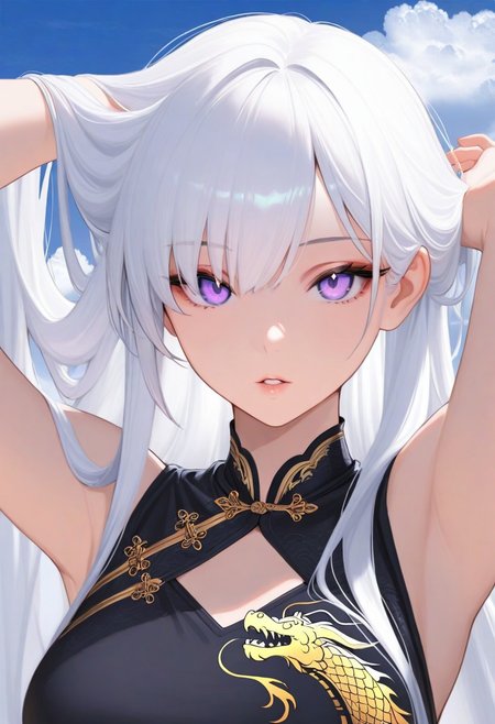 1girl,, sky, white hair, long hair, masterpiece, purple eyes, noble, parted lips, looking at viewer, black dress, dragon print, outdoors, arms behind head, adjusting hair, cloud, volumetric lighting, blue sky, portrait, upper body,