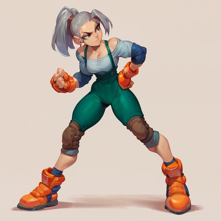 score_9, score_8_up, score_7_up, score_6_up, <lora:Epon_Tobal_-_PonyXL:0.75> solo, 1girl, epon, gloves, knee pads, fingerless gloves, earrings, full body, orange footwear, ponytail, simple background, hand on hip, grey hair, orange gloves, collarbone, dark green overalls, default outfit, grey shirt, elbow pads, blue elbow pads, dynamic pose, fighting stance, confident, smirk, face focus  <lora:boni:1> <lora:princess_xl_v1:1>