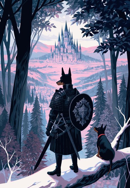 (solo), from behind, [anthro],
dog, doberman, (leather armor), standing, on tree branch, forest, medieval cityscape, castle, sword, shield,
yadu_nadu, patterned, ushiyama_ame, high contrast, limited palette, no lineart, no outline,
masterpiece, absurdres, newest, [dynamic pose]