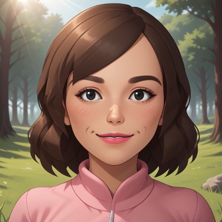 score_9, score_8, BREAK, solo, mii, wii u, female mii, 1girl, wii sports club, mature woman, brown hair, blush, black eyes, pink lips, lipstick, pink clothing, black pants, shoes, Masako_(\Wii_Sports_Club\), cute, medium breasts, Nintendo Mii, modern_mii, classic_mii, facial feature, sexy pose, smile, outdoors, sunlight, shadows, evening lighting, natural lighting, forest, trees, grass, orange sky, sunset
