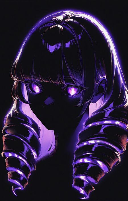 1girl, general,

solo, upper body, glowing, 

drill hair, bangs, glowing hair, 

looking at viewer, glowing eyes, purple eyes, 

purple theme, monochrome,

black background, simple background, 

best quality, very awa, highres, newest