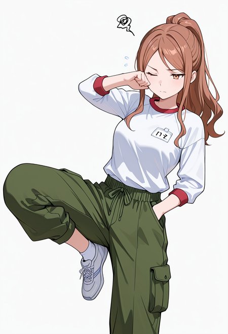 masterpiece,high quality details, absurdres,
 <lora:Aona:0.8> aona_cnr, 1girl, brown hair, long hair, ponytail, brown eyes,, simple background, white background, front view,solo,, frustrated,one eye closed,, one hand in pocket,one leg bent,standing with weight on one leg,, gym shirt,shrug clothing,cargo pants, ,ankle socks,