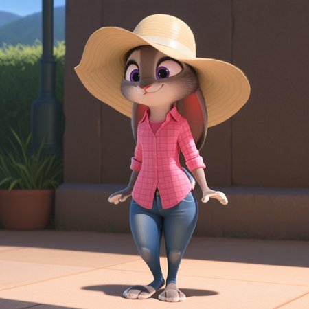 masterpiece, best quality, amazing quality, ZTJudyHppsIL, anthro, female-rabbit, grey fur, purple eyes,  pink flannel shirt, light pink undershirt, blue jeans, sun hat, ears down, standing, outside, smile, closed mouth ,  full body, <lora:8efa8aef-f264-4198-99a3-7fced21f5bf7:1.0>