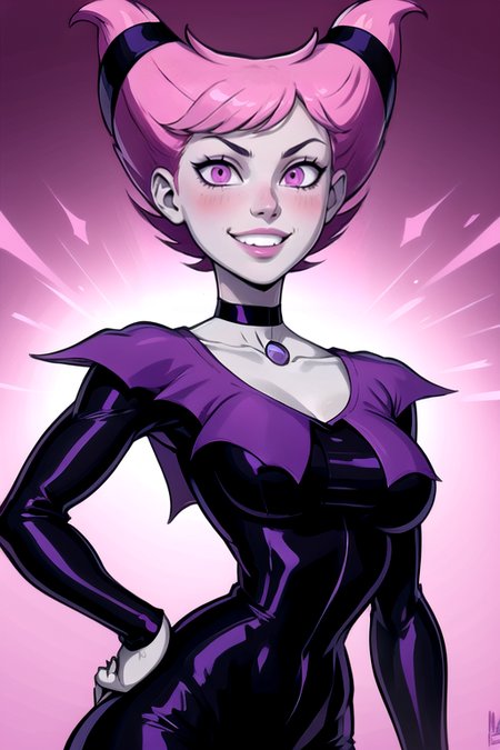 <lora:Jinx:0.8> JINXXX, 1girl, solo, breasts, looking at viewer, blush, smile, short hair, long sleeves, upper body, pink hair, teeth, choker, hand up, pink eyes, grin, hand on hip, colored skin, black choker, grey skin