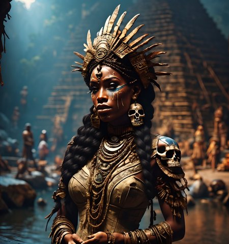 RAW photo, (masterpiece:1.3), subsurface scattering, heavy shadow, (high quality:1.4), (intricate, high detail:1.2), professional photography, HDR, High Dynamic Range, realistic, ultra realistic, photorealistic, high resolution, film photography, ambient lighting, atmospheric effects, <lora:detail_slider_v4:2>, OverallDetail, <lora:VoodooPriestess:1>, 1girl, barefoot, black hair, braid, colored skin, dark skin, dress, earrings, facepaint,  jewelry, long hair, necklace, skull, solo, upper body shot, voopri, on top of a pyramid, <lora:AztecCity:0.6>, aztcit