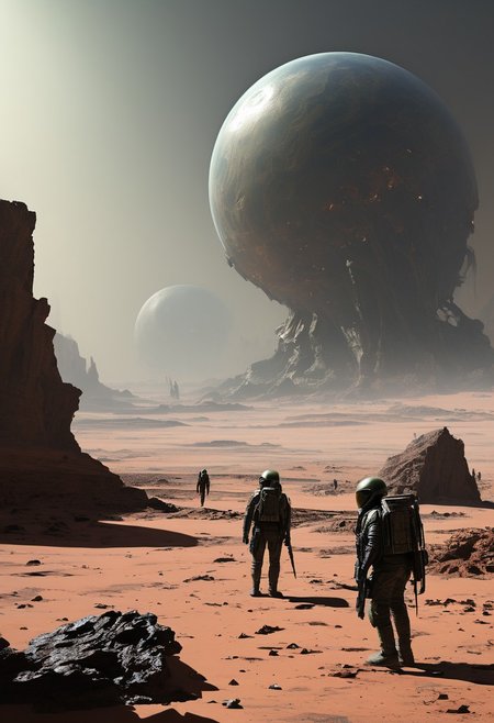 stranded super soldiers, alien planet, concept art, realistic, DOOMHAZER