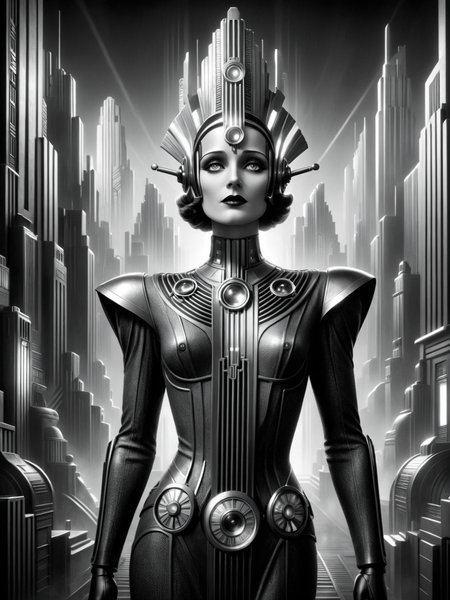 android, futuristic, stylized, art deco, expressionist, 1920s, black and white <lora:Metropolis_Movie_Style_SDXL:0.8> mad-ropolis-movie, (masterpiece:1.2), best quality, (hyperdetailed, highest detailed:1.2), high resolution textures