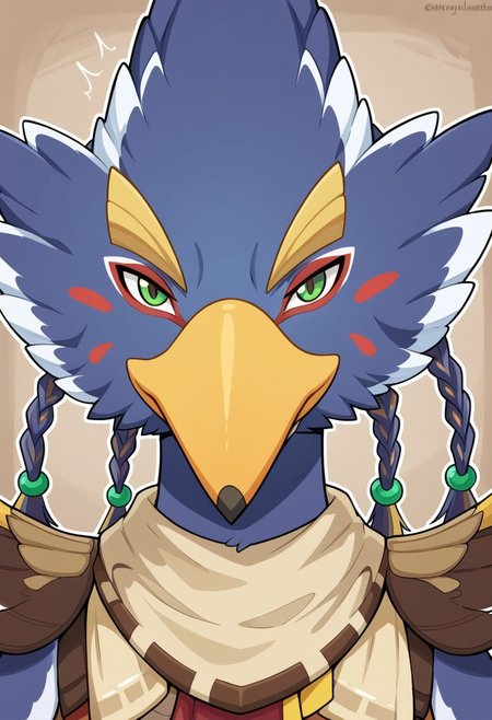 best quality, newest, absurdres, highres,solo,Anthro,bird,revali,green eyes,blue fur,beak,face focus