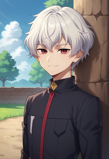 score_9, score_8_up, score_7_up, source_anime, highly detailed, 
lusia, 1boy, male focus, solo, school uniform, white hair, smile, red eyes, looking at viewer, short hair, black jacket, long sleeves, upper body,
outdoor, sky, clouds, tree