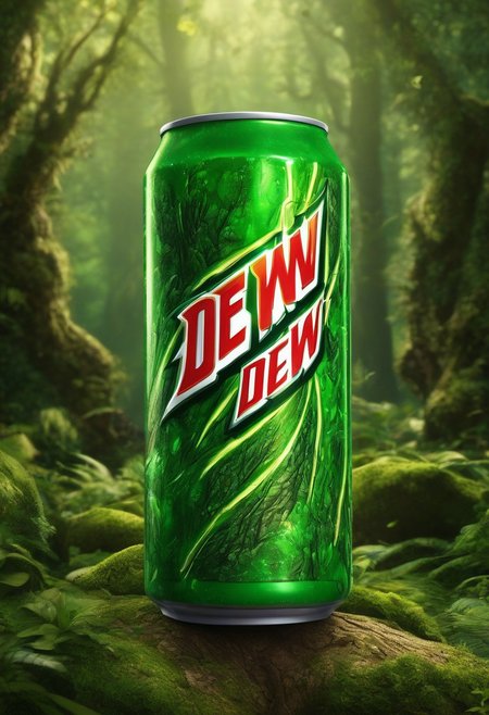 High quality, detailed, realistic can of Mountain Dew, enchanted forest background, detailed background, object focus, cinematic lighting, jade