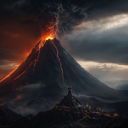 cinematic film still of  <lora:The Lord of the Rings style v2:1>
Mordor In a Fantasy Middle-earth world in the dark ages Location a volcano erupts out of the clouds,outdoors,sky,cloud,no humans,fire,scenery,rock,mountain,red theme,molten rock , dramatic light, dramatic shadow light, film contrast, cinematic film color, cinematic film look, filmic, realistic, realism, perfection, perfect, movie still, fantasy drama, epic drama, fictional, Age of Wonders, Age of Empires, warriors,  Medieval style, middle ages, dungeons and dragons style, different people, different, unique, kingdoms and castles, violent, aggressive, detailed, perfection, detailed face, detailed body, detailed hands, detailed eyes, sharp, horror themed, dark themed, epic fantasy adventure film style, Legendary, mythical, The Lord of the Rings style, shallow depth of field, vignette, highly detailed, high budget, bokeh, cinemascope, moody, epic, gorgeous, film grain, grainy