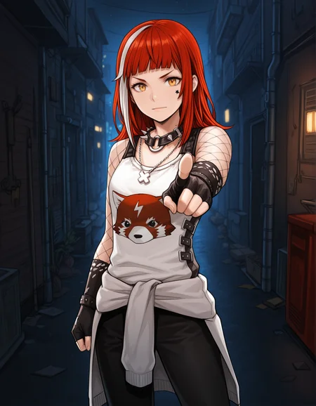 masterpiece,best quality, absurdres, highres,   <lora:Irene Illu 1:0.9> ireneillu, tank top, black gloves, spiked collar, fishnets, sweater around waist, cross necklace, black pants, solo, looking at viewer, alley, night, pointing at viewer,