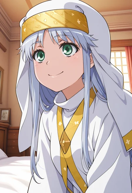 newest, masterpiece, best quality, 4k,
indoors,bedroom, very aesthetic, detailed background, face focus,
1girl, solo,    <lora:Index:1> 1ndex, index (toaru majutsu no index), grey hair, long hair, green eyes, nun, habit, safety pin, robe, smile,
