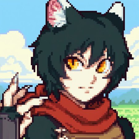 score_9, score_8_up, score_7_up, source_anime BREAK 
, solo, fegbaportraits, portrait, white dungeon meshi,background, portrait,pixel,pixel art,
BREAK 
izutsumi, 1girl, izutsumi original outfit, animal ears, tail, cat girl, black hair, yellow eyes, black fur, body fur, furry, cat tail, cat ears, dungeon meshi, furry female, white fur, short hair, slit pupils, fingernails, sharp fingernails, claws, sleeveless, brown skirt, miniskirt, scarf, armor, crop top, red scarf, arm guards
BREAK 
Landscape,blue sky, clouds,