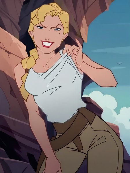 score_9, score_8_up, score_7_up, 1girl, cavern, rocks, sky, detailed background, detailed background, smile, looking at viewer, smile, cowboy shot, (dynamic pose:1.1), dynamic angle, striped, (flashing, breast out:1.1), sexually suggestive, from below, 
 <lora:HelgaSinclair_character:1>,HelgaXLP, blue eyes, blonde hair, single braid, mole under eye, lipstick, white shirt, belt, brown pants, no bra, tank top, anime screencap,