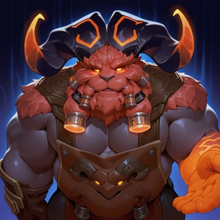 masterpiece, best quality, amazing quality, solo, 1boy, null-ghost, Ornn, bara, glove, apron, glowing eyes, close up,