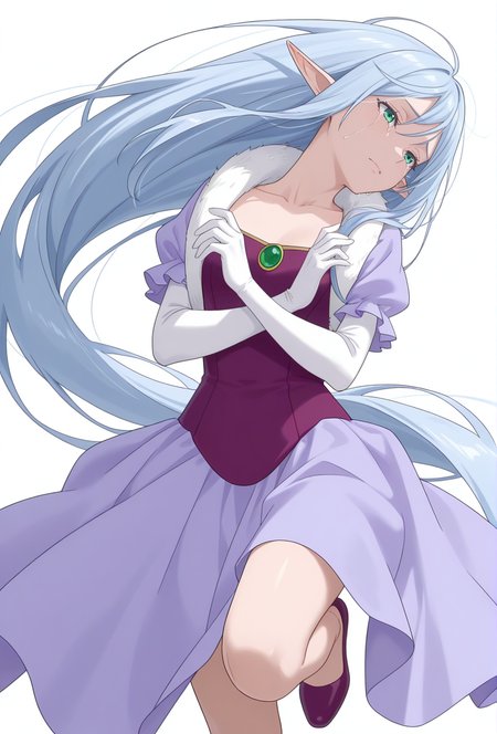 Smooth Quality,masterpiece,very intricate, high quality details, ultra realistic, high detailed skin,detailed enviorement,absurdres,
simple background, white background, 
,sobbing,dynamic pose, arms crossed, one leg bent, confident stance, slight head tilt, relaxed hands,  ,
 <lora:El-Ru_Sarion_Elmesia_cnn:0.8>elmesiacnn,1girl, green eyes, pointy ears, blue hair, very long hair,
purple dress,white gloves, elbow gloves,fur trim,