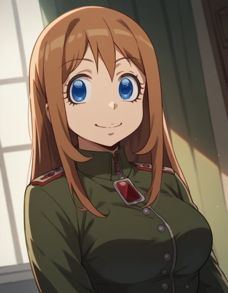 score_9, score_8_up, score_7_up, source_anime, <lora:viktoria-ivanovna-serebryakov-anime-ponyxl-lora-nochekaiser:1>, viktoria ivanovna serebryakov, long hair, blue eyes, brown hair, large breasts,, uniform, military, military uniform,, indoors, smile, looking at viewer, solo,, cowboy shot, dutch angle