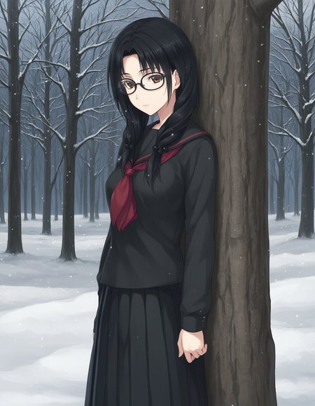 score_9, score_8_up, score_7_up BREAK 1girl, solo, futami yuu, black hair, long hair, hair over shoulder, twintails, black hair ornament, brown eyes, black glasses, medium breasts, black serafuku, red neckercheif, pleated black skirt, long skirt, cowboy shot, looking at viewer, from side, outdoor, leaning to tree, winter, night, dark theme <lora:futami_yuu_pdxl_v1:0.8>