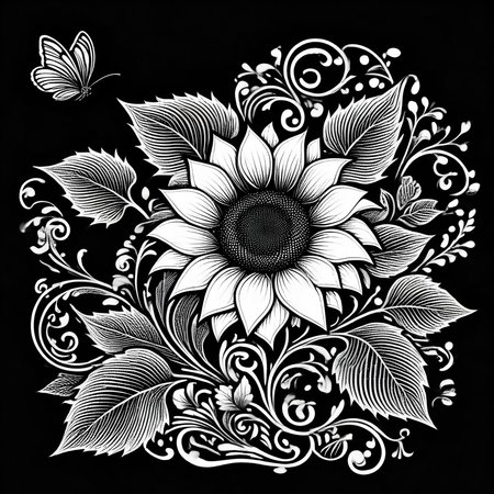 white flower, antennae, monochrome, sunflower, profile, traditional media, rose, black background, standing