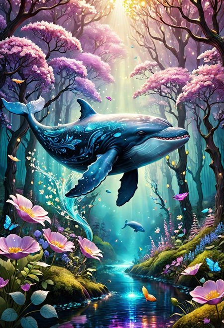 photo of a cute whale flying in the forest, luminous spring flowers, fantasy style, hyper realistic, photorealistic, ultra realistic, neon color, glitters, sparkles, dreamy