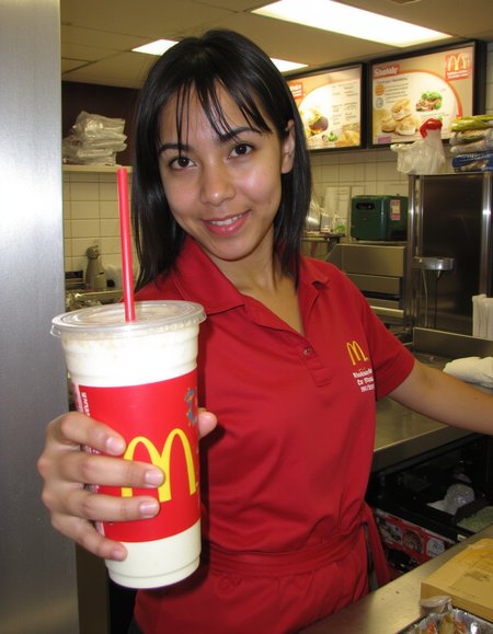 realistic scene of a mcdonalds employee, young women in her 20s, black hair, freckles, serving a drink to the viewer, mcdonalds background kitchen and menu, 
 <lora:amateurphoto-6version:1> Amateur photography of               , on flickr in 2007, 2005 blog, 2007 blog ,