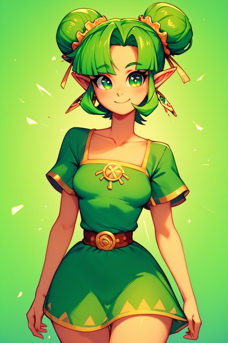 score_9, score_8_up, score_8, medium breasts, (curvy), cute, eyelashes,       BREAK, , zzFarore, green eyes, green hair, double bun, pointy ears,  bangs, green dress, collarbone, short sleeves  <lora:Farore_Zelda_PDXL:0.5>, , BREAK, wide hips, smile, looking at viewer, cowboy shot, embedding:zPDXL, Expressiveh, <lora:SweetCAT_PDXL:1.0>,  <lora:SDXLFaeTastic2400:0.5>,  <lora:Expressive_H-000001:0.4>,