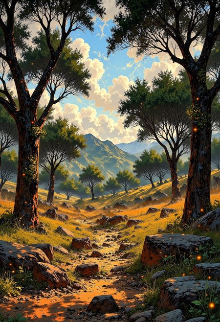 Mediterranean Olive Grove – Sunlit Fields & Ancient Trees
"An ancient olive grove in the Mediterranean countryside, where gnarled trees with silvery-green leaves bask in the golden afternoon light. Warm breezes rustle through the branches, carrying the scent of ripe olives and sun-warmed earth. In the distance, rolling hills stretch toward the horizon, glowing in soft hues of ochre and terracotta."