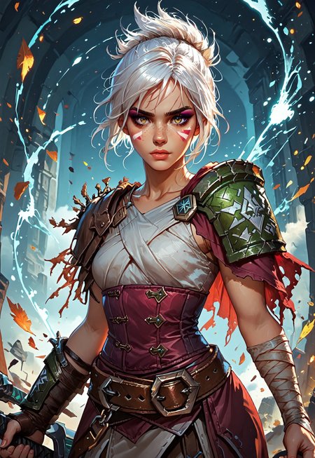 ((zPDXL3)), ((masterpiece,best quality, highly detailed)), ((score_9)), score_8_up, score_7_up, score_6_up, score_5_up, score_4_up, Digital painting style, brushstrokes, ((EnhanceImage)), solo, rvn, white hair, short hair, ponytail, rvn, short hair, ponytail, facial mark, eyeshadow, top, criss-cross halter, single pauldron, shoulder armor, single glove, bandaged arm, corset, belt, skirt, single greave, (huge weapon, sword, broken weapon, magic), Expressiveh, tanned-skin, 30yo, adult lustful confident woman, petite, slender body, perky saggy natural breasts, full lips, bangs, sidelocks, straps,
chinese magical sorceress, animated, swirling magic, wisps of magic, dancing pose, tight squeezed outfit, magical accessories, evoking motion, conveying motion, dynamic splash art, 
<lora:PainterlyFantasiaPDXL:0.6>,