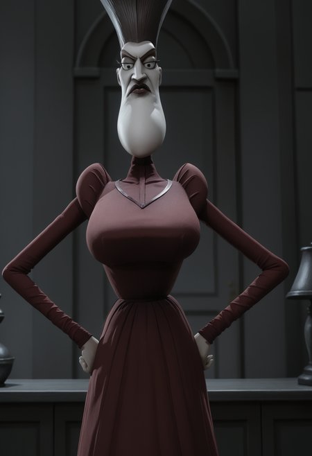 <lora:Maudeline_Everglot-Corpse_Bride:0.9>,Maudeline Everglot,mature female,1girl,solo,large breasts,red dress,cowboy shot,hands on own hips,looking at viewer,indoors