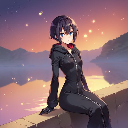 score_9, score_8_up, 1girl, xion, solo, outdoors, on a lake, flat chest, small breasts, sitting, floating lanterns in the sky, xion watching the floating lanterns, night, short hair, black hair, black coat, wide hips, narrow waist, closed coat, zipper, black pants, black gloves <lora:XionSDXL:1> <lora:BlushySDXL:1>, takeda hiromitsu style
