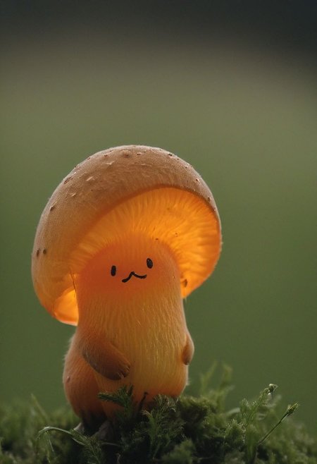 a closeup macro photo of a slightly orange/green translucent small mushroom resembling a small sleepy cat with long tail and Open mouth and Sharp teeth, closeup, infront of an blueish sundawn in an eerie meadow, 
deep Blacks, very detailed, atmospheric haze, Film grain, cinematic film still, shallow depth of field, highly detailed, high budget, cinemascope, moody, epic, OverallDetail, 2000s vintage RAW photo, photorealistic, candid camera, color graded cinematic, eye catchlights, atmospheric lighting, imperfections, natural, shallow dof