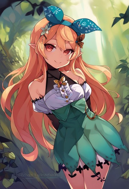 score_9, score_8_up, score_7_up, score_6_up, 
2d,
1girl, pomu rainpuff
expressive eyes, perfect face, young adult, small breasts, innocent eyes, innocent smile,
standing, arms behind back, looking away from viewer, 
forest, pomu1st, hair ribbon, hair flower, butterfly hair ornament, halterneck, black gloves, white shirt, black gloves, green skirt, high-waist skirt, fairy wings