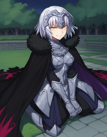 score_9, score_8_up, score_7_up, masterpiece, 
<lora:FSR:1>, light smile, 
fsr, 1girl,solo,breasts,looking at viewer,short hair,bangs,night, garden, seiza, medium breasts, closed mouth, yellow eyes, full body, grey hair, cape, armor, fur trim, chain, headpiece, armored dress, black cape, jeanne d'arc alter (fate), jeanne d'arc alter (avenger) (fate)