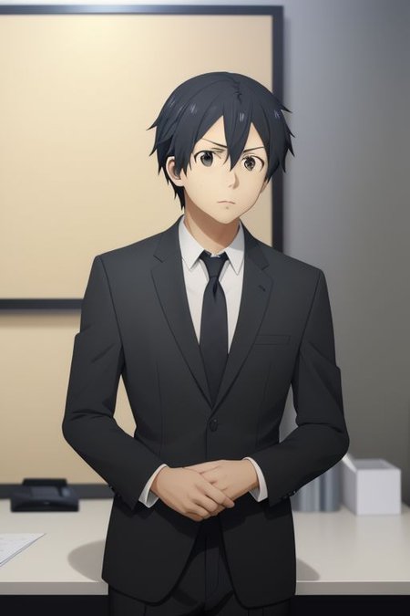 high resolution, solo, best quality, 1Boy, Kazuto Kirigaya, portraits, Black Hair, Black Eyes, suit, worklife, workspace, OverallDetail